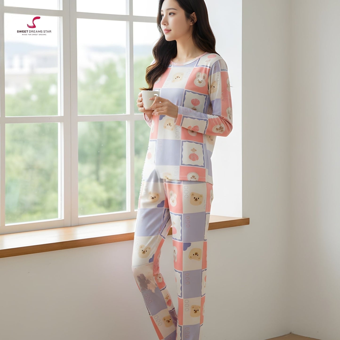 Check Pink Bear Women’s Long Pyjama Set