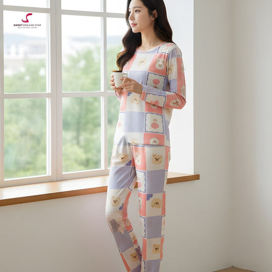 Check Pink Bear Women’s Long Pyjama Set