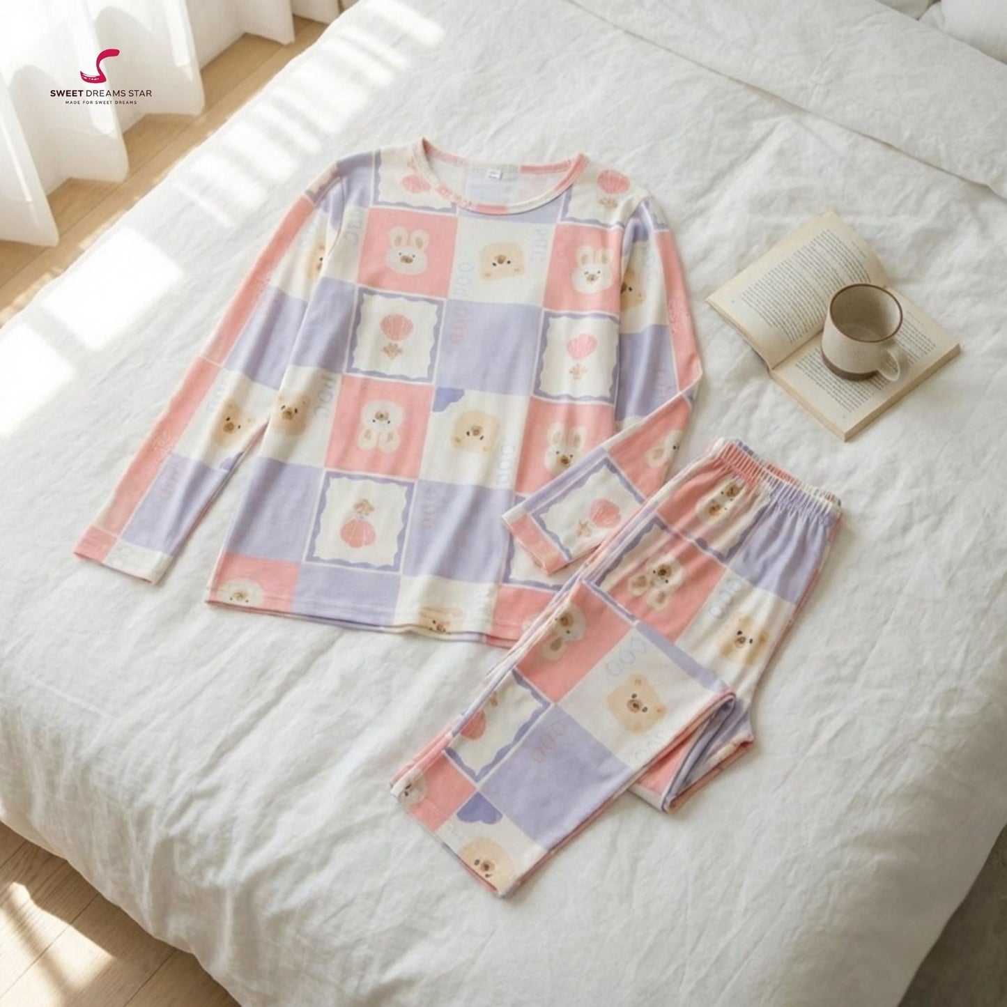 Check Pink Bear Women’s Long Pyjama Set