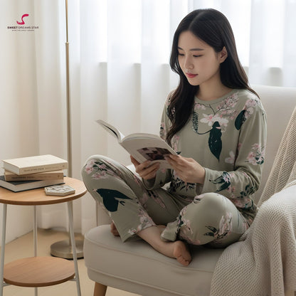 Sage Green Floral Women’s Long Pyjama Set