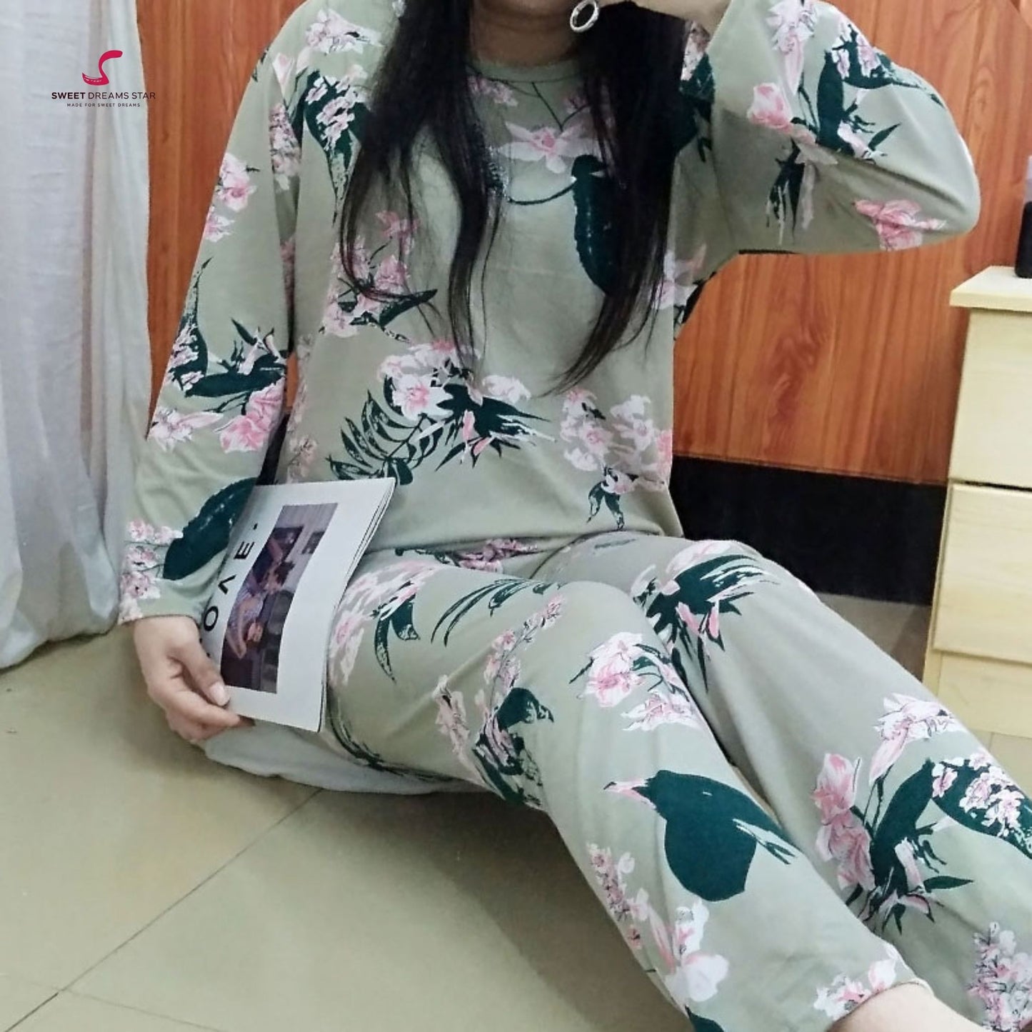 Sage Green Floral Women’s Long Pyjama Set