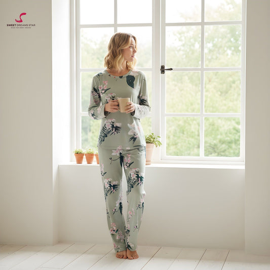 Sage Green Floral Women’s Long Pyjama Set
