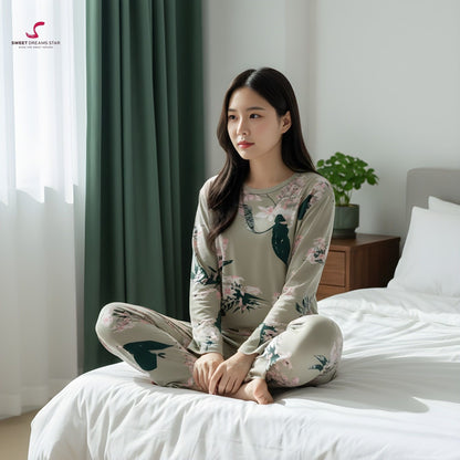 Sage Green Floral Women’s Long Pyjama Set