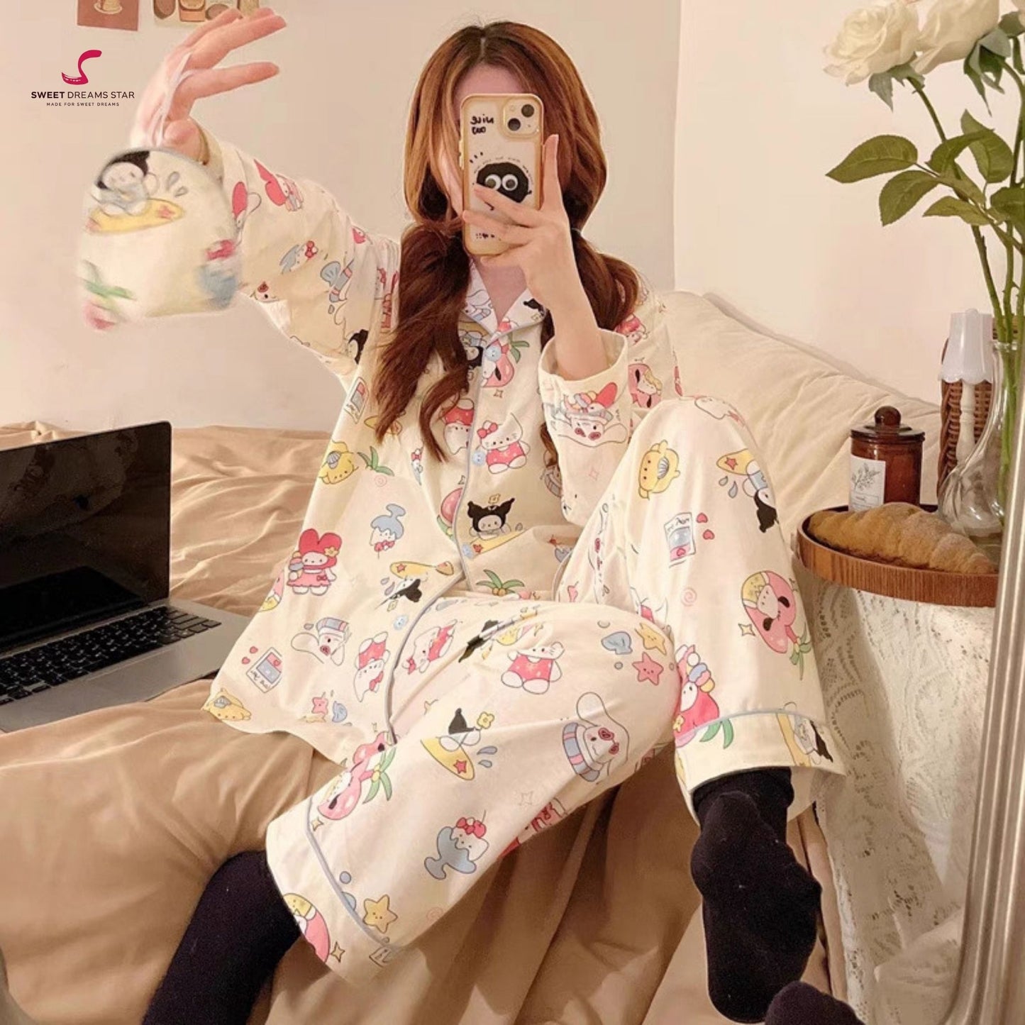 Kawaii Character Collage Print Full-Length Pyjama Set