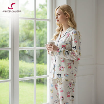 Kawaii Character Collage Print Full-Length Pyjama Set