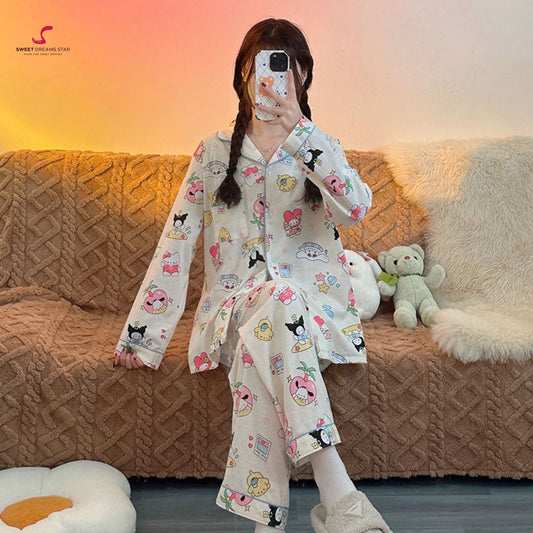 Kawaii Character Collage Print Full-Length Pyjama Set