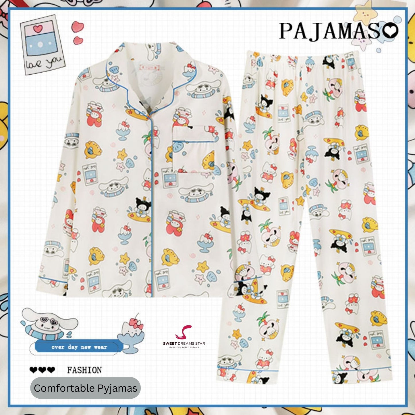 Kawaii Character Collage Print Full-Length Pyjama Set