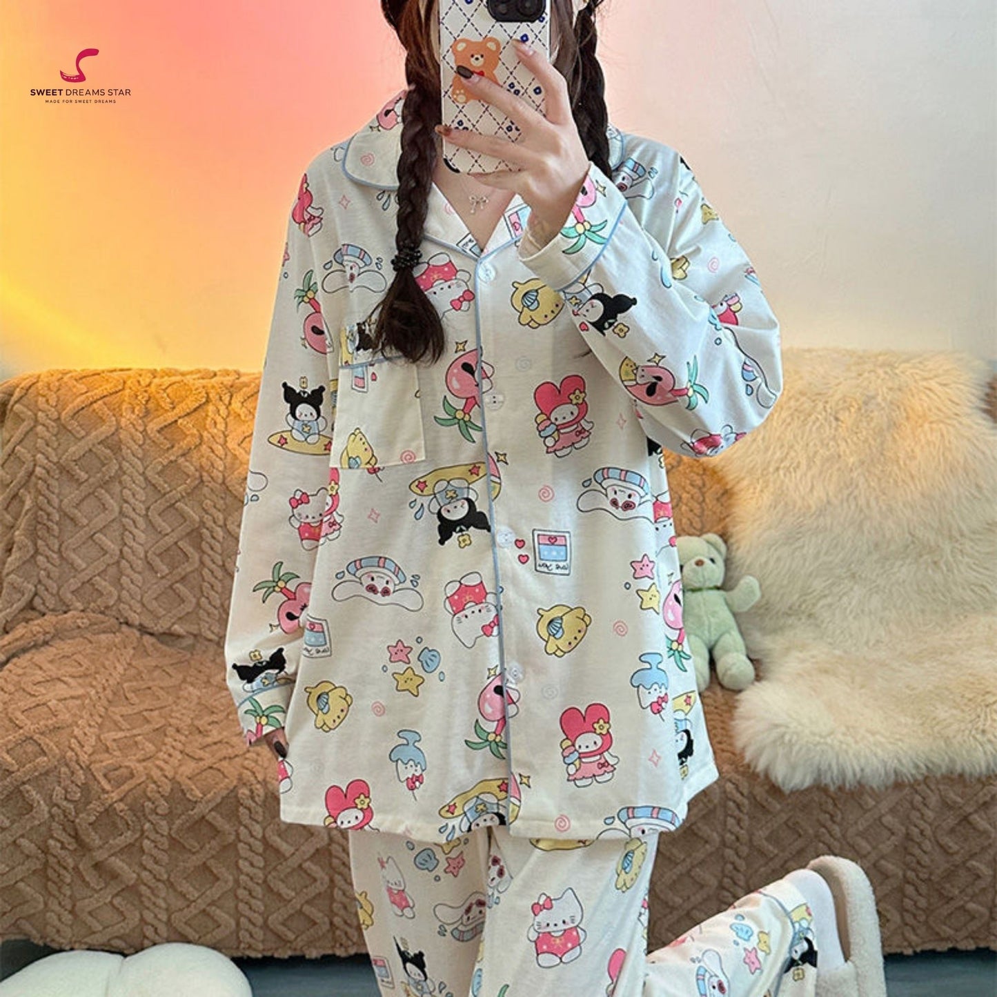 Kawaii Character Collage Print Full-Length Pyjama Set