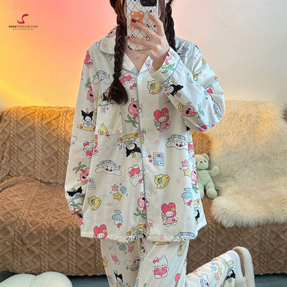 Kawaii Character Collage Print Full-Length Pyjama Set