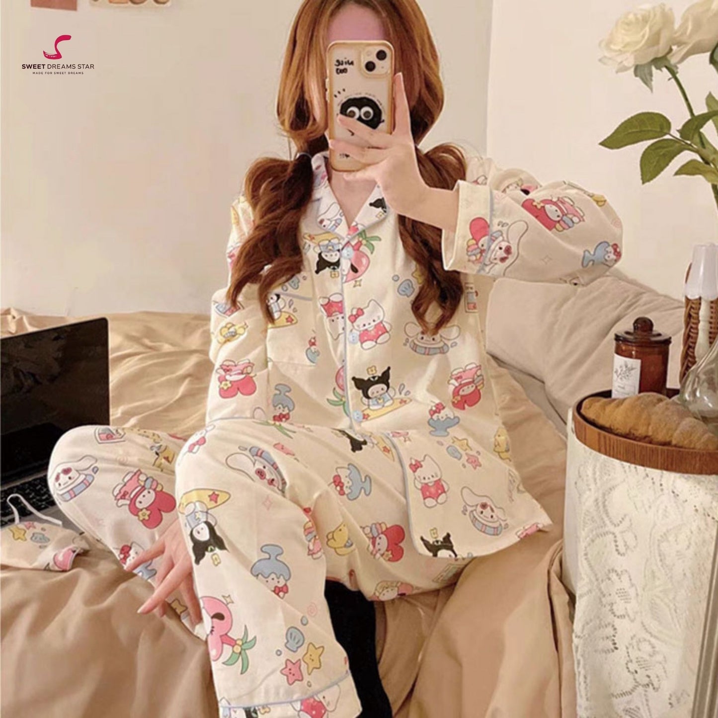 Kawaii Character Collage Print Full-Length Pyjama Set