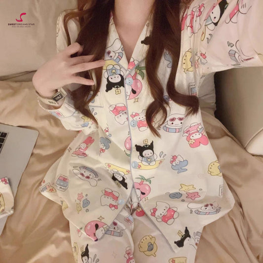 Kawaii Character Collage Print Full-Length Pyjama Set