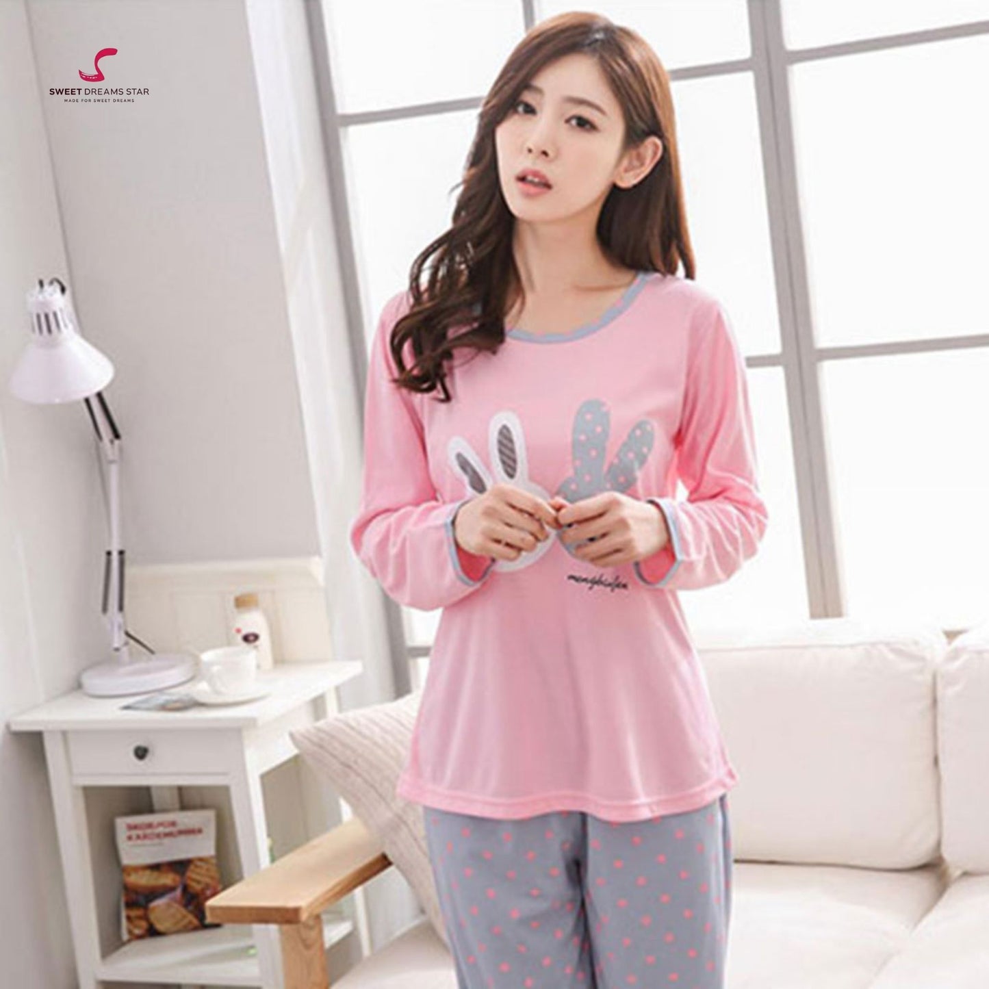 Pink Bunny Polka Dot Women’s Long Pyjama Set