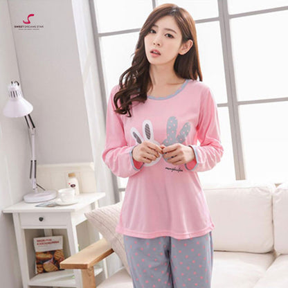 Pink Bunny Polka Dot Women’s Long Pyjama Set