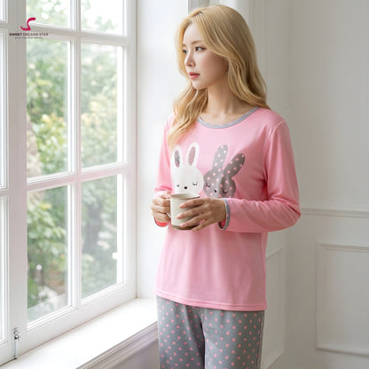 Pink Bunny Polka Dot Women’s Long Pyjama Set