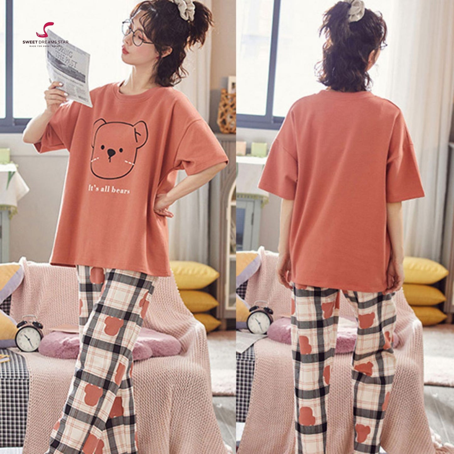 Maroon Bear Plaid Women’s Pyjama Set