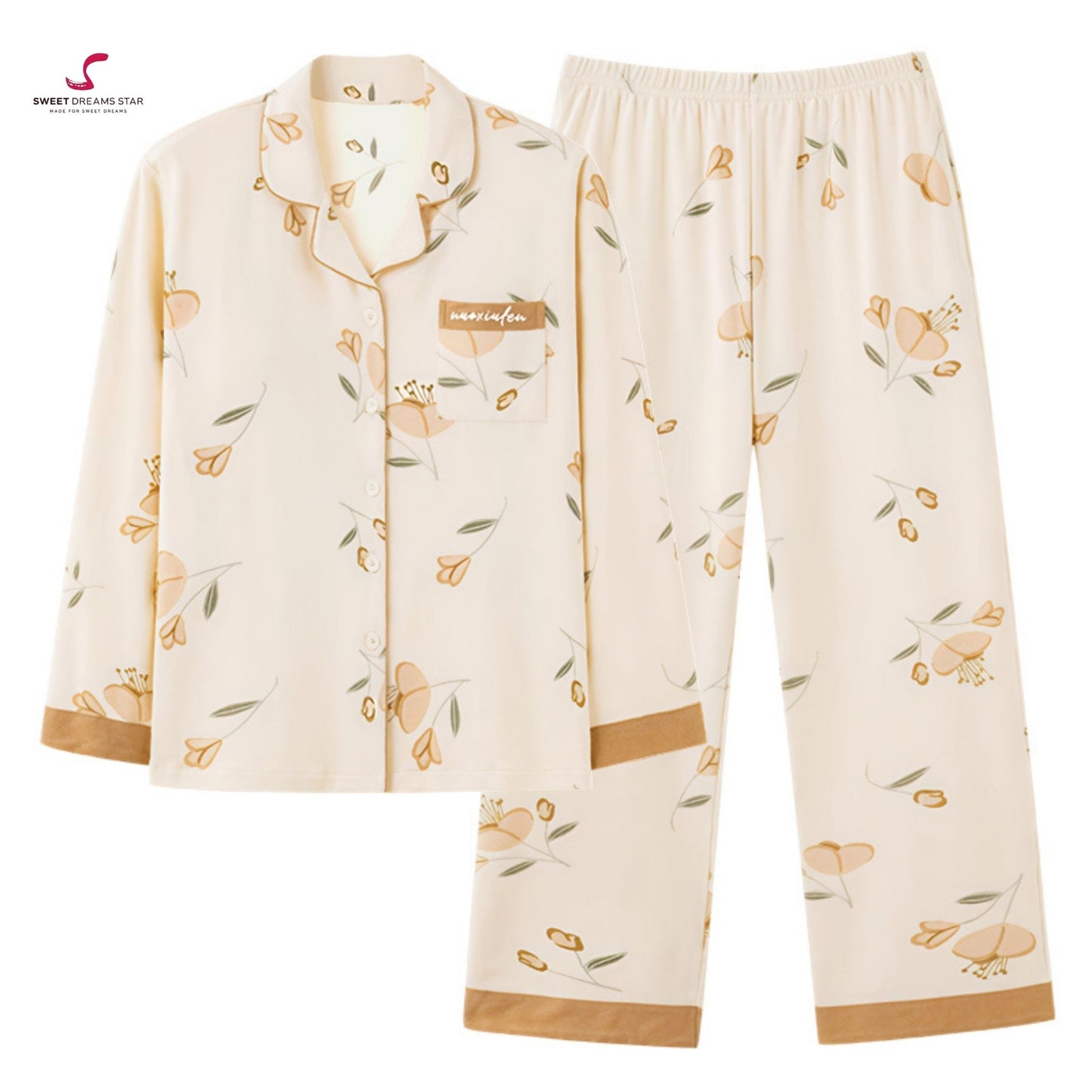 Luxury Tulip & Leaf Print Full-Length Pyjama Set