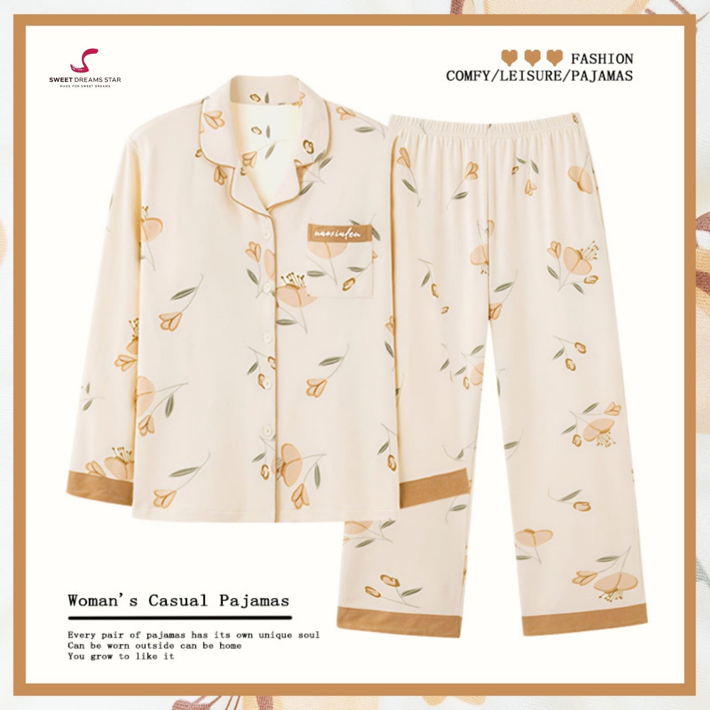Luxury Tulip & Leaf Print Full-Length Pyjama Set