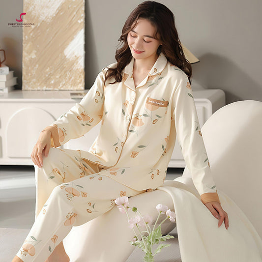Luxury Tulip & Leaf Print Full-Length Pyjama Set