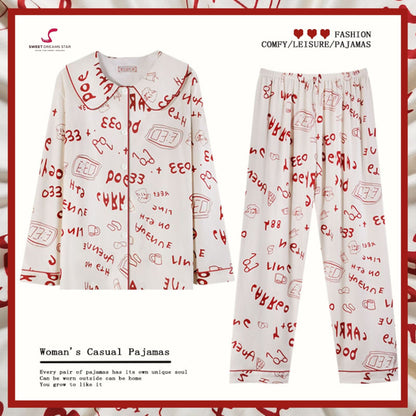 Luxury Doodle Text & Icons Print Peter Pan Collar Full-Length Pyjama Set