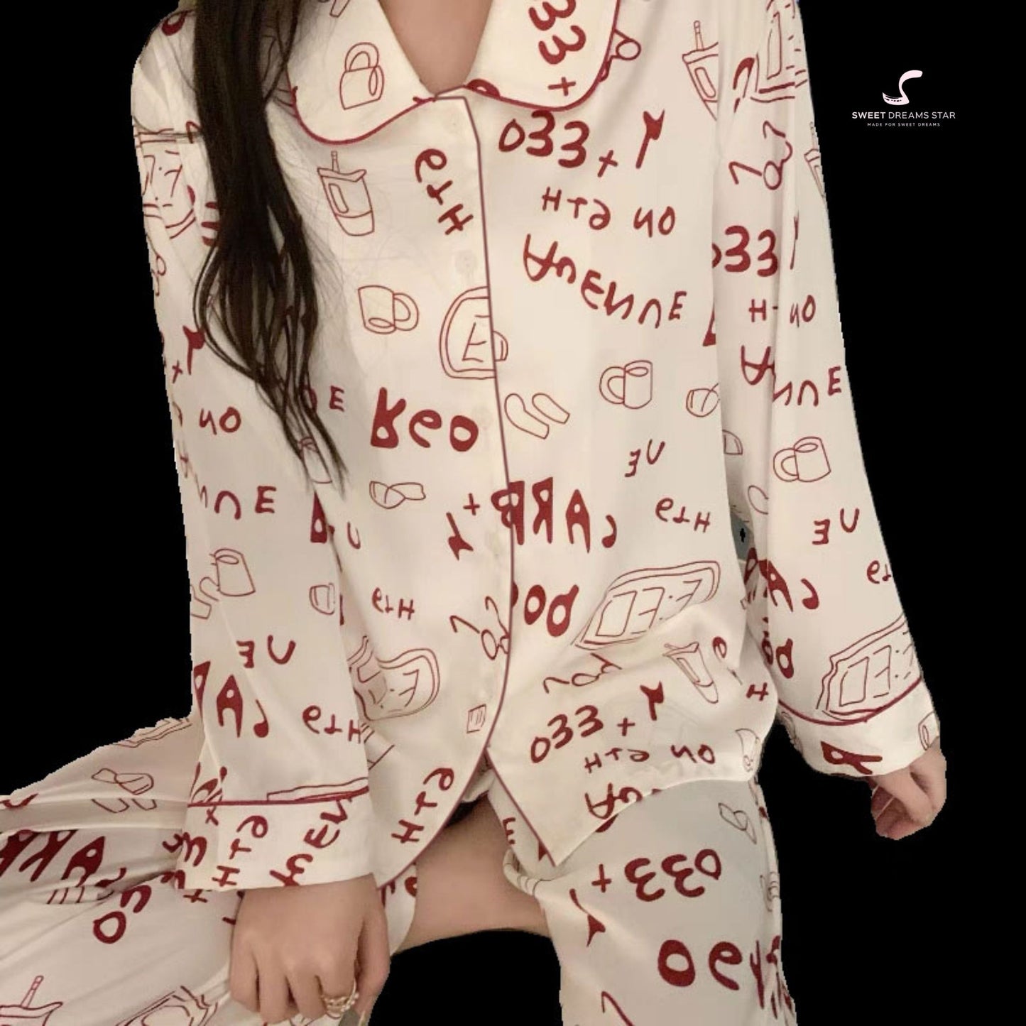 Luxury Doodle Text & Icons Print Peter Pan Collar Full-Length Pyjama Set