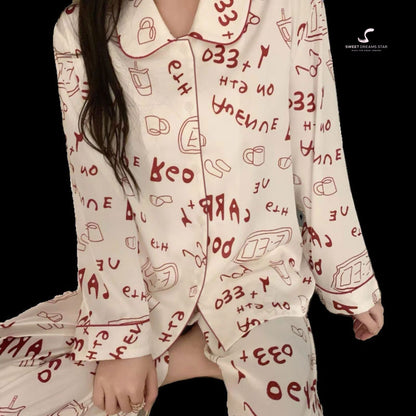 Luxury Doodle Text & Icons Print Peter Pan Collar Full-Length Pyjama Set