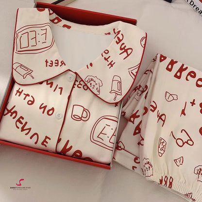 Luxury Doodle Text & Icons Print Peter Pan Collar Full-Length Pyjama Set