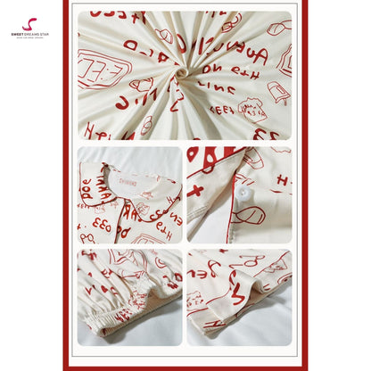 Luxury Doodle Text & Icons Print Peter Pan Collar Full-Length Pyjama Set