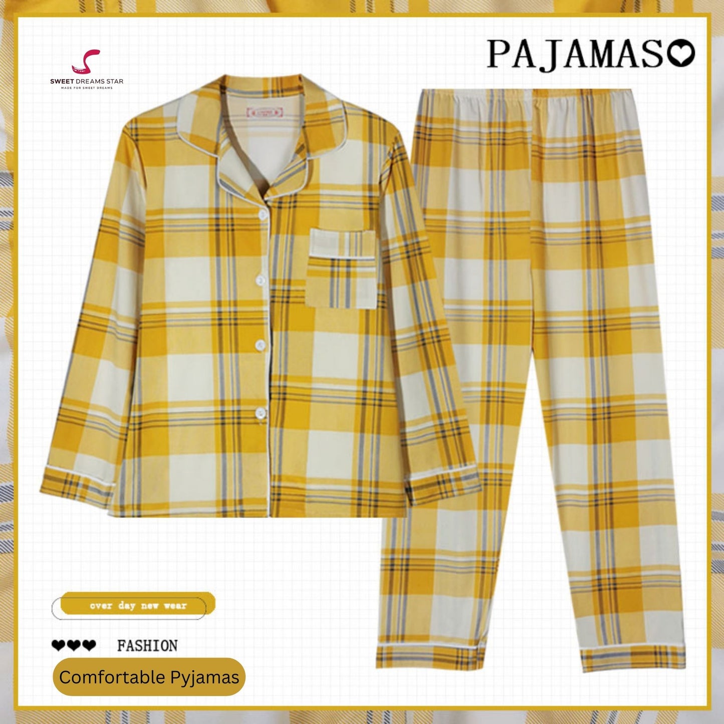 Luxury Yellow Tartan Plaid Full-Length Pyjama Set